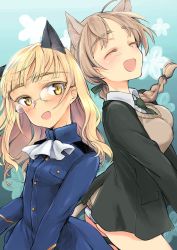 Rule 34 | 2girls, animal ears, aohashi ame, blonde hair, blush, braid, braided ponytail, breasts, brown hair, cat ears, closed eyes, floral background, glasses, green neckwear, highres, long hair, lynette bishop, medium breasts, multiple girls, neckerchief, necktie, open mouth, perrine h. clostermann, ponytail, shiny skin, simple background, small breasts, smile, strike witches, tail, white neckwear, world witches series, yellow eyes