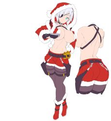 Rule 34 | 1girl, aina winchester, ass, boots, breasts, character sheet, christmas, cleavage, curvy, hat, highres, hood, hoodie, huge ass, large breasts, lilith-soft, looking at viewer, multiple views, no bra, potion (moudamepo), santa hat, short hair, simple background, skirt, smile, standing, taimanin (series), taimanin asagi kessen arena, weapon, white background