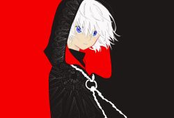 Rule 34 | 1girl, androgynous, black background, black cloak, blue eyes, cloak, drawstring, embroidery, floating hair, from side, hair between eyes, highres, hood, hood up, hooded cloak, kamura gimi, looking at viewer, looking to the side, o-ring, original, parted lips, red background, short hair, simple background, solo, turtleneck, two-sided fabric, two-tone background, upper body, white hair