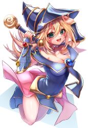 1girl ari_(xxrmsn_008) blonde_hair blue_dress blue_eyes blue_hat blush_stickers breasts cleavage dark_magician_girl dress duel_monster full_body hat highres holding holding_staff large_breasts long_hair simple_background solo staff watermark white_background yu-gi-oh!