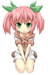 Rule 34 | bad id, bad pixiv id, blush, child, green eyes, grune, hair ribbon, kneeling, pink hair, ribbon, simple background, solo, twintails