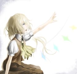 Rule 34 | 1girl, bad id, bad pixiv id, blonde hair, blouse, blue eyes, collared shirt, female focus, flandre scarlet, from side, long hair, ross (clumzero), shirt, sitting, solo, tears, touhou, white background, white shirt, wings
