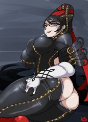 Rule 34 | 1girl, ass, ass cutout, backless outfit, bad id, bayonetta, bayonetta, bayonetta (series), black hair, blue eyes, bodysuit, breasts, candy, clothing cutout, elbow gloves, female focus, food, glasses, gloves, hair ribbon, highres, large breasts, lightsource, lollipop, long hair, looking at viewer, lying, mole, mole under mouth, on side, ribbon, skindentation, solo, very long hair