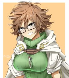 Rule 34 | 1girl, absurdres, aussa (yu-gi-oh!), aussa the earth channeler, aussa the earth charmer, breasts, brown eyes, brown hair, coat, commentary, duel monster, glasses, green sweater, grin, hair between eyes, highres, hood, hood down, hooded coat, jewelry, key, key necklace, large breasts, looking at viewer, necklace, orange background, ribbed sweater, short hair, short sleeves, sidelocks, smile, solo, sweater, synchroman, teeth, turtleneck, turtleneck sweater, twitter username, upper body, vial, white coat, yu-gi-oh!