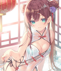 Rule 34 | 1girl, aqua eyes, bare arms, bare shoulders, bath, blue bra, bra, breasts, brown hair, chinese clothes, covered navel, double bun, dress, flower, groin, hair flower, hair ornament, hairclip, lantern, long hair, looking at viewer, medium breasts, miwabe sakura, original, paper lantern, pelvic curtain, see-through, sideless outfit, sleeveless, sleeveless dress, smile, solo, twintails, underwear, water, wet, wet clothes, wet dress, white dress, x hair ornament