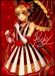 Rule 34 | 1girl, bad id, bad pixiv id, border, brown eyes, brown hair, collarbone, dress, elbow gloves, food, gloves, highres, holding, kazari tayu, long hair, original, pocky, pocky day, smile, solo, sparkle, striped, umbrella, vertical stripes, very long hair