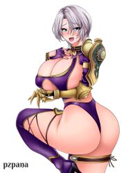 Rule 34 | 1girl, absurdres, armor, ass, blue eyes, breast suppress, breasts, cleavage, cowboy shot, gloves, highres, huge breasts, isabella valentine, purple gloves, pzpana, revealing clothes, short hair, shoulder armor, solo, soul calibur, soulcalibur, soulcalibur iv, thighs, underboob, white background, white hair