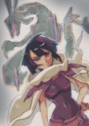 Rule 34 | 1girl, belt, black hair, breasts, cloak, closed mouth, commentary request, covered navel, creatures (company), game freak, gen 3 pokemon, hand on own hip, highres, legendary pokemon, looking at viewer, mugitarou, nintendo, pokemon, pokemon (creature), pokemon oras, purple eyes, rayquaza, shirt, short hair, shorts, sleeveless, sleeveless shirt, smile, twitter username, zinnia (pokemon)