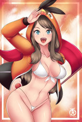 Rule 34 | 1girl, alternate color, animal hood, bad id, bad pixiv id, bikini, blue eyes, breasts, brown hair, cleavage, commentary, commission, creatures (company), fake tail, front-tie top, game freak, gen 5 pokemon, highres, hilda (pokemon), hood, hoodie, looking at viewer, medium breasts, navel, nintendo, open clothes, open hoodie, pokemon, pokemon (creature), pokemon bw, revolverwing, salute, shiny skin, sidelocks, solo, string bikini, swept bangs, swimsuit, tail, tepig, white bikini