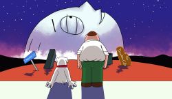 Rule 34 | brian griffin, dog, dog tail, family guy, fat, fat man, green pants, highres, meme, meme attire, neon genesis evangelion, pants, parody, peter griffin, star (sky), stewie griffin, tagme, tail, the end of evangelion