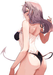 Rule 34 | 1girl, absurdres, ass, back, bare shoulders, black tail, blush, commission, covered erect nipples, covered navel, demon girl, demon tail, fingernails, grey background, grey hair, gris swimsuit, highres, long fingernails, meme attire, original, parted lips, pointy ears, purple eyes, see-through, simple background, single bare shoulder, skeb commission, skindentation, solo, swimsuit, tail, takena-c, tattoo, untying