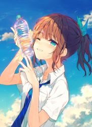 Rule 34 | 1girl, blue eyes, blue necktie, blue ribbon, blue sky, blush, bottle, brown hair, cloud, collared shirt, dress shirt, hair ribbon, hands up, highres, holding, holding bottle, long hair, looking at viewer, necktie, one eye closed, original, outdoors, parted lips, ponytail, reia, ribbon, school uniform, shirt, short sleeves, sky, smile, solo, water bottle, white shirt