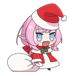 1girl bag blue_eyes blush_stickers dress elf elysia_(honkai_impact) hat highres holding holding_bag honkai_(series) honkai_impact_3rd long_hair meme open_mouth padoru_(meme) pink_hair pointy_ears red_dress red_hat santa_dress santa_hat simple_background solo tsuume white_background