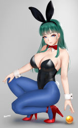Rule 34 | 1girl, alternate breast size, animal ears, aqua hair, bare arms, bare shoulders, black leotard, blue eyes, blue pantyhose, blunt bangs, blush, bow, bowtie, breasts, bulma, cleavage, closed mouth, collarbone, covered navel, cowboy shot, curvy, detached collar, dragon ball, dragon ball (classic), easonx, fake animal ears, full body, gradient background, grey background, high heels, highleg, highleg leotard, highres, large breasts, leotard, lips, long hair, looking at viewer, nail polish, pantyhose, playboy bunny, rabbit ears, rabbit tail, red bow, red bowtie, shiny clothes, shiny skin, smile, solo, strapless, strapless leotard, thick thighs, thigh gap, thighs, wide hips, wrist cuffs