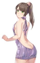 Rule 34 | 1girl, absurdres, arched back, arm up, ass, back, backless outfit, bad id, bad pixiv id, bare arms, bare shoulders, breasts, brown hair, bunching hair, butt crack, cherim, closed mouth, cowboy shot, dimples of venus, green eyes, highres, looking at viewer, looking back, meme attire, mole, mole on body, mole under eye, original, sideboob, sidelocks, simple background, small breasts, solo, standing, thighs, virgin killer sweater, white background