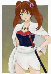 Rule 34 | 1girl, ayame (inuyasha), brown hair, cloak, cowboy shot, flower, fur cloak, fur skirt, fur trim, green eyes, hair flower, hair ornament, hand on own hip, highres, inuyasha, jewelry, long hair, looking at viewer, necklace, sheath, sheathed, solo, sword, twintails, weapon, wristband, zuchi wan