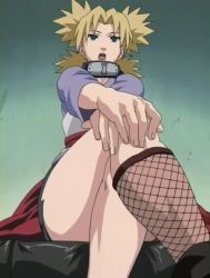 Rule 34 | 1girl, blonde hair, fishnets, legs, crossed legs, miniskirt, naruto, naruto (series), quad tails, screencap, sitting, skirt, solo, stitched, temari (naruto), thighs, third-party edit