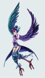 Rule 34 | 1girl, bad id, bad pixiv id, blue wings, closed eyes, feathered wings, flying, harpy, hat, highres, mika kinoto, monster girl, original, ribbon, short hair, simple background, smile, solo, talons, thighhighs, top hat, winged arms, wings