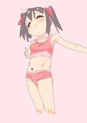 Rule 34 | 1girl, ^ ^, armpits, black hair, blush, breasts, closed eyes, closed mouth, cropped legs, hair ornament, highres, medium breasts, multicolored hair, navel, onii-chan wa oshimai!, outstretched arms, oyama mihari, panties, pink background, purple hair, red panties, red sports bra, simple background, smile, solo, sports bra, twintails, two-tone hair, underwear, yana (muuimiingan)