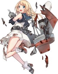 Rule 34 | 1girl, ass, beret, blonde hair, blue eyes, burnt clothes, dress, full body, hat, jervis (kancolle), kantai collection, konishi (koconatu), long hair, machinery, mary janes, official art, panties, sailor dress, shoes, solo, torn clothes, transparent background, turret, underwear, white panties