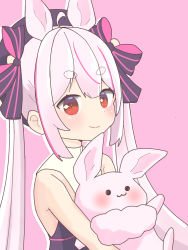 Rule 34 | 1girl, ahoge, animal, animal ears, bare shoulders, beret, black bow, black hat, bow, closed mouth, commentary, drop shadow, hair between eyes, hat, highres, long hair, looking at viewer, multicolored hair, nagonako, pink background, pink hair, purple hair, rabbit, rabbit ears, red eyes, shirt, short eyebrows, simple background, sleeveless, sleeveless shirt, smile, solo, streaked hair, striped, striped bow, thick eyebrows, tomari mari, tomari mari channel, twintails, upper body, very long hair, virtual youtuber, white shirt