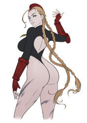 Rule 34 | 1girl, absurdres, ahoge, ass, back cutout, blonde hair, bodypaint, breasts, cammy white, clothing cutout, gloves, hat, heart cutout, highres, large breasts, leotard, long hair, solo, street fighter, thong leotard, twintails, very long hair
