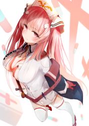 Rule 34 | 1girl, absurdres, azur lane, black choker, blush, breasts, choker, cleavage, closed mouth, collared shirt, flats, gloves, hair ornament, half gloves, hat, highres, id card, jacket, large breasts, long hair, looking at viewer, nurse, nurse cap, off shoulder, open clothes, open shirt, pen, perseus (azur lane), pink eyes, pink footwear, pink gloves, pink hair, raru (nanaharararu), shirt, smile, solo, syringe, thighhighs, twintails, very long hair, white hat, white shirt, white thighhighs