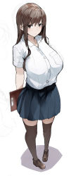 Rule 34 | 1girl, absurdres, arms behind back, black thighhighs, blue skirt, blush, breasts, brown eyes, brown footwear, brown hair, clipboard, closed mouth, collared shirt, commentary request, dress shirt, from above, full body, highres, holding, holding clipboard, kyoyakyo, large breasts, long hair, miniskirt, original, pleated skirt, shirt, shirt tucked in, short sleeves, sidelocks, skirt, solo, standing, thighhighs, white background, white shirt
