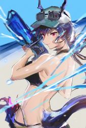 Rule 34 | 1girl, arknights, back, bare arms, bare shoulders, bikini, black bikini, blue hair, breasts, ch&#039;en (arknights), ch&#039;en the holungday (arknights), ch&#039;en the holungday (elite ii) (arknights), dragon girl, dragon horns, dragon tail, eyewear on head, hat, highres, holding, horns, jinfeng0430, long hair, looking at viewer, looking back, official alternate costume, official alternate hairstyle, ponytail, red eyes, smile, solo, sunglasses, swimsuit, tail, upper body, water gun