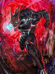 Rule 34 | 1boy, abs, black scales, blue eyes, glowing, glowing arm, glowing eyes, glowing feet, hibino kafka, highres, horns, incoming attack, incoming punch, kaijuu, kaijuu no. 8, kota 2kx, lightning, pectorals, punching, red background, skull, spikes