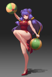 Rule 34 | 1girl, :o, absurdres, bare shoulders, bell, breasts, china dress, chinese clothes, chui, cleavage, cleavage cutout, clothing cutout, double bun, dress, dual wielding, full body, gradient background, hair bell, hair bun, hair ornament, high heels, highres, holding, leg up, long hair, mace, no socks, open mouth, pandako, purple eyes, purple hair, ranma 1/2, red dress, red footwear, shadow, shampoo (ranma 1/2), shoes, side slit, sleeveless, sleeveless dress, solo, standing, standing on one leg, taut clothes, weapon
