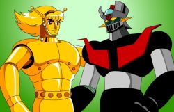 Rule 34 | 1960s (style), 1970s (style), alien, antennae, armor, canopy, cockpit, friends, giant, gold, green background, magma taishi, magma taishi (character), mazinger (series), mazinger z, mazinger z (mecha), mecha, no humans, oldschool, pilder, retro artstyle, robot, science fiction, simple background
