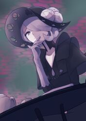 Rule 34 | 1girl, black choker, black dress, black hat, choker, closed mouth, cogita (pokemon), collarbone, commentary request, creatures (company), cup, dress, eyelashes, flower, from below, game freak, gloves, grey eyes, grey hair, hair over one eye, hand up, hat, hat flower, highres, looking down, machi (chrismt), nintendo, pokemon, pokemon legends: arceus, raised eyebrows, smile, solo, table, teapot, white flower