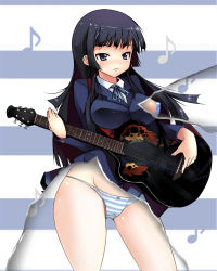 Rule 34 | 00s, 1girl, akiyama mio, bad id, bad pixiv id, bandaid, bandaids on nipples, bass guitar, black eyes, black hair, blunt bangs, hime cut, instrument, ippongui, k-on!, left-handed, long hair, musical note, ovation guitar, page tear, panties, pasties, revealing layer, school uniform, solo, striped clothes, striped panties, underwear