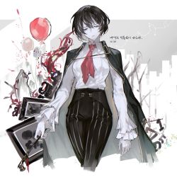 Rule 34 | 1girl, absurdres, balloon, binoculars, black hair, coat, coat on shoulders, highres, long sleeves, moses (project moon), multicolored hair, necktie, painting (object), pants, project moon, red necktie, remsrar, shirt, smoking pipe, the distortion detective, white shirt