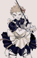 Rule 34 | 1boy, absurdres, alternate costume, apron, black dress, blush, bow, brown eyes, commentary request, cowboy shot, danganronpa (series), danganronpa 2: goodbye despair, dress, enmaided, hair bow, highres, hinata hajime, holding, holding sword, holding weapon, looking at viewer, maid, male focus, red bow, sema (vivaviva 02), simple background, sketch, smile, solo, spiked hair, sword, thighhighs, weapon