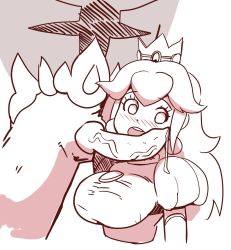 Rule 34 | 1boy, 1girl, blush, breasts, brooch, creatures (company), cropped legs, cropped torso, crown, dot nose, dress, earrings, elbow gloves, erection, eyelashes, fire, game freak, gen 7 pokemon, gloves, hasselnut, highres, impossible clothes, impossible dress, incineroar, jewelry, large breasts, long hair, looking at penis, mario (series), monochrome, nintendo, open mouth, out of frame, penis, pokemon, pokemon (creature), precum, precum string, princess, princess peach, puffy short sleeves, puffy sleeves, short sleeves, simple background, solid eyes, solo focus, super mario bros. 1, super smash bros., taut clothes, taut dress, teeth, uncensored, upper body, upper teeth only, veins, veiny penis, white background