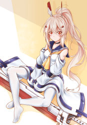 Rule 34 | 1girl, ayanami (azur lane), azur lane, bandaid, bandaid on arm, choker, cigar cat, commentary request, detached sleeves, from above, headgear, long hair, looking at viewer, orange eyes, pantyhose, ponytail, remodel (azur lane), school uniform, serafuku, signature, silver hair, simple background, sitting, solo, sword, weapon, white pantyhose, wide sleeves