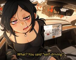 Rule 34 | 1boy, 2girls, absurdres, andrew graves, ashley graves, black hair, black shirt, blush, bra strap, breasts, bright pupils, car interior, cleavage, gps, grey shorts, hair between eyes, highres, khyle., long sleeves, looking at viewer, mirror, mother (the coffin of andy and leyley), multiple girls, open mouth, pink eyes, pov, pov crotch, shirt, short hair, short shorts, shorts, sitting, small breasts, tesla (company), the coffin of andy and leyley, white pupils