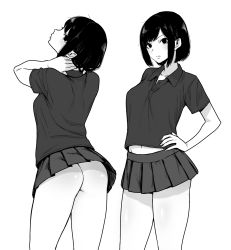 Rule 34 | 1girl, ass, back, blush, breasts, fumitan (humitan), greyscale, hand on own hip, highres, looking at viewer, midriff, monochrome, multiple views, navel, original, pleated skirt, short hair, simple background, skirt, white background