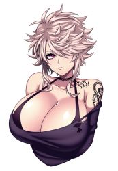 Rule 34 | 1girl, absurdres, bare shoulders, bikini, bikini top only, black bikini, black shirt, breasts, choker, cleavage, closed mouth, collarbone, commentary request, hair over one eye, halterneck, highres, hz (666v), large breasts, messy hair, off shoulder, original, red eyes, shirt, short hair, sidelocks, silver hair, solo, spiked hair, sullivan (camui kamui), swimsuit, tattoo