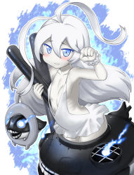 Rule 34 | 1girl, abyssal ship, antenna hair, armpits, blue eyes, collarbone, colored skin, commentary request, dress, hase yu, holding, i-class destroyer, kantai collection, long hair, looking at viewer, machinery, new submarine princess, paw pose, solo, torpedo, white dress, white hair, white skin