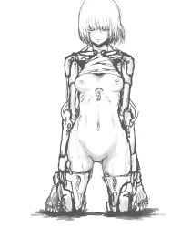 Rule 34 | 1girl, android, arms at sides, bob cut, breasts, breasts out, female focus, functionally nude, groin, highres, kimuwaipu, kneeling, mechanical parts, medium breasts, monochrome, navel, nipples, original, pussy, sketch, solo
