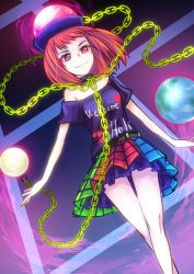 Rule 34 | 1girl, bare arms, bare legs, bare shoulders, belt, black shirt, breasts, hecatia lapislazuli, highres, miniskirt, multicolored clothes, multicolored skirt, off shoulder, petticoat, plaid, plaid skirt, pleated skirt, red eyes, red hair, shirt, skirt, small breasts, solo, t-shirt, takahashi kouta, thigh gap, touhou
