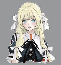 Rule 34 | 1girl, aqua eyes, arm ribbon, arms at sides, assault lily, black ribbon, black shirt, blonde hair, blush, commentary request, cropped arms, cropped jacket, cropped torso, cross-laced clothes, cross-laced top, fangs, grey background, hair ribbon, long hair, looking at viewer, luise ingels, neck ribbon, parted lips, puffy short sleeves, puffy sleeves, red ribbon, ribbon, sally (allogkk), school uniform, shirt, short sleeves, simple background, smile, solo, teeth, upper body, upper teeth only, white ribbon, yurigaoka girls academy school uniform
