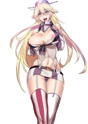 Rule 34 | 10s, 1girl, american flag, american flag legwear, asymmetrical legwear, bare shoulders, belt, blonde hair, blue eyes, blush, breasts, cleavage, elbow gloves, fingerless gloves, flag print, front-tie top, garter straps, gloves, hair between eyes, headgear, iowa (kancolle), kantai collection, large breasts, long hair, midriff, miniskirt, mismatched legwear, multicolored clothes, multicolored skirt, navel, nipple slip, nipples, open mouth, panties, pantyshot, skirt, smile, solo, standing, star-shaped pupils, star (symbol), striped clothes, striped thighhighs, symbol-shaped pupils, thighhighs, ukimukai, underwear, uss iowa (bb-61), vertical-striped clothes, vertical-striped thighhighs