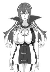 Rule 34 | 1girl, areola slip, arms at sides, blush, breasts, bridal gauntlets, cleavage, collarbone, covered erect nipples, cowboy shot, dress, garter straps, greyscale, isabelle (shadowverse), large breasts, long hair, monochrome, shadowverse, short dress, simple background, smile, solo, standing, tawashi1623, thighhighs, white background