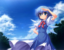 Rule 34 | 1girl, blue eyes, blue hair, bow, cirno, cloud, covering own eyes, day, embodiment of scarlet devil, frown, hair bow, light rays, looking afar, matching hair/eyes, poni, short hair, sky, solo, sunbeam, sunlight, takeponi, touhou, tree, wings