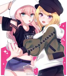 2girls akamatsu_kaede beret black_hat blonde_hair blue_eyes blush commentary_request crop_top danganronpa_(series) danganronpa_v3:_killing_harmony denim denim_shorts eyelashes fortissimo hair_between_eyes hair_ornament hat highres hood hoodie iruma_miu jacket jacket_over_hoodie long_hair long_sleeves looking_at_viewer multiple_girls musical_note musical_note_hair_ornament navel nekoshin_kagari open_mouth outline pink_background pink_hair print_shirt puffy_sleeves purple_eyes shirt shorts sparkle surprised tongue tongue_out twitter_username two-tone_background upper_body white_background white_hat white_hoodie