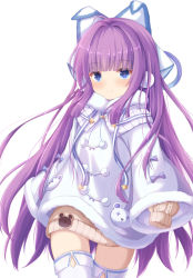Rule 34 | 1girl, animal ears, azur lane, blue eyes, blush, brown sweater, closed mouth, coat, commentary request, dress, fake animal ears, fur-trimmed coat, fur trim, hair ornament, hair ribbon, kedama (kedama akaza), long hair, long sleeves, looking at viewer, open mouth, purple hair, red eyes, ribbon, simple background, sleeves past fingers, sleeves past wrists, smile, solo, sweater, tashkent (azur lane), thighhighs, very long hair, white background, white coat, white thighhighs, winter clothes